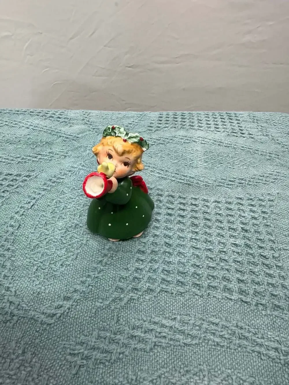 Vintage Lefton Christmas Angel Figurine Green Dress Playing Horn with Bird